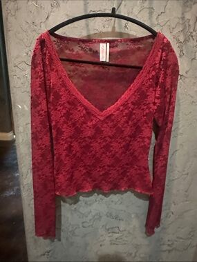 Urban outfitters Deep Red Floral Lace V-Neck Long Sleeve Top